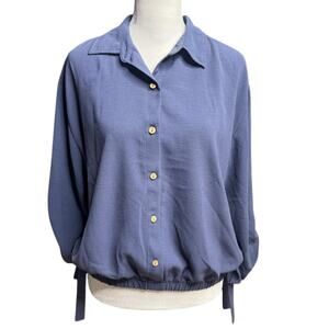 BCX Blue Button-Front Roll Tab Sleeve Side Bow Blouse Medium